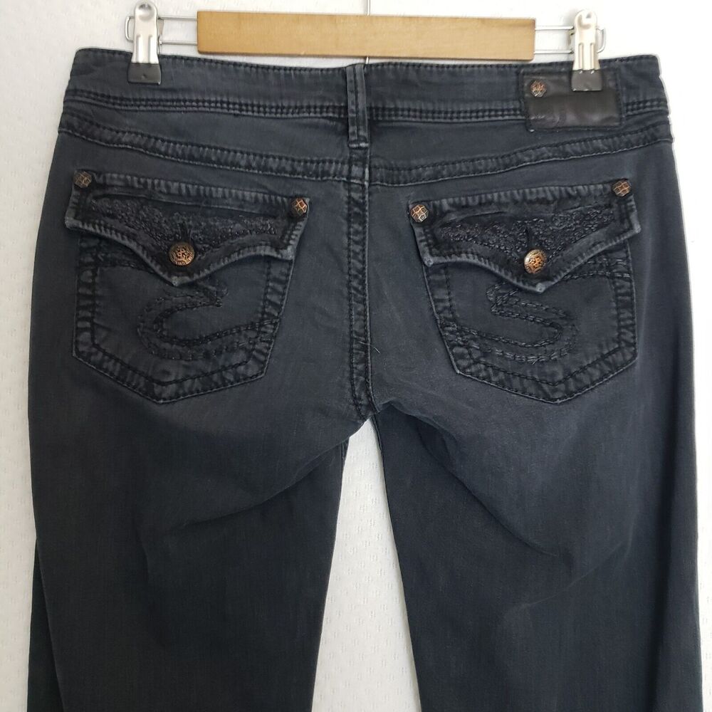 SILVER Pioneer Black Wash Denim Bootcut Pants Jeans Flap Pocket 28x33